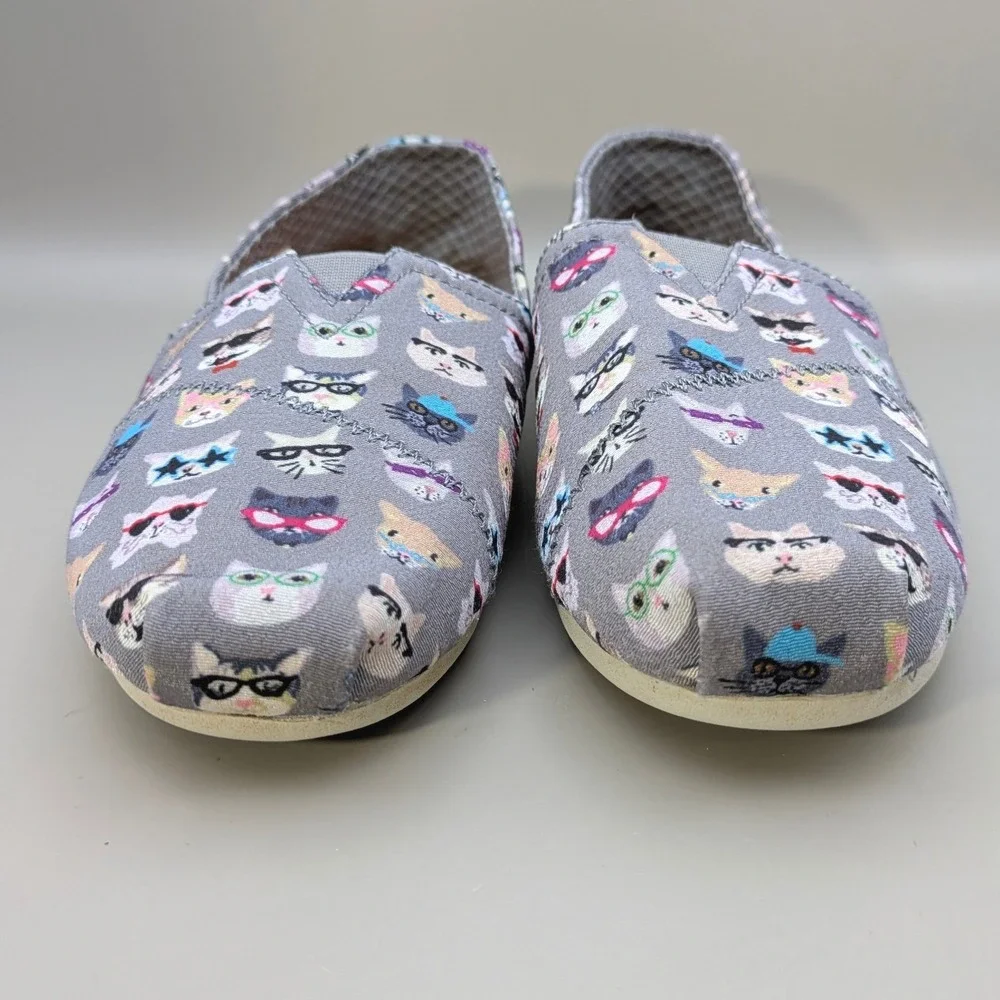 Skechers BOBS for Cats Gray Multi Glasses Cat Print Slip On Flats Womens 8.5